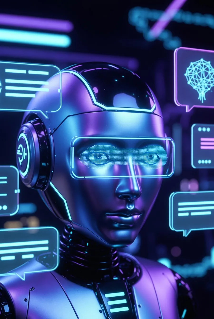 A chatbot surrounded by speech bubbles