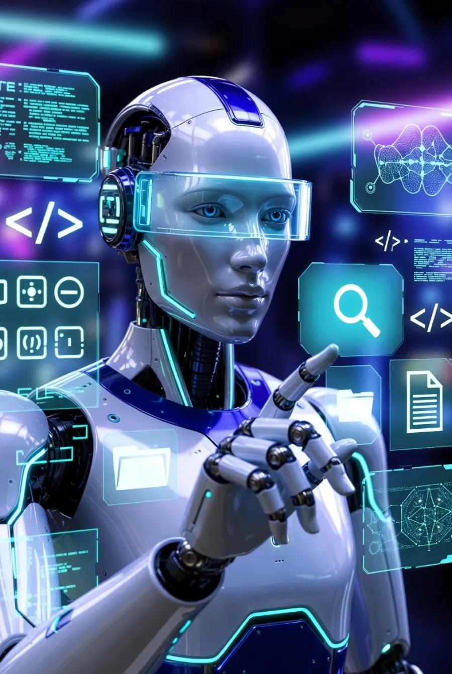 A humanoid agent reaching for tool panels